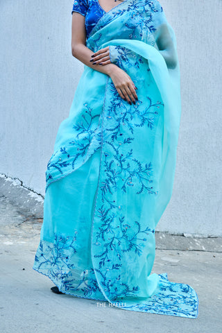 Jaal Cyan Organza Saree