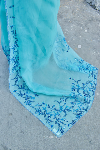 Jaal Cyan Organza Saree
