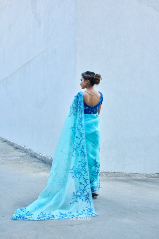Jaal Cyan Organza Saree