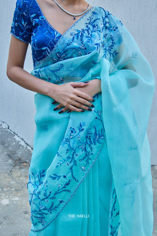 Jaal Cyan Organza Saree