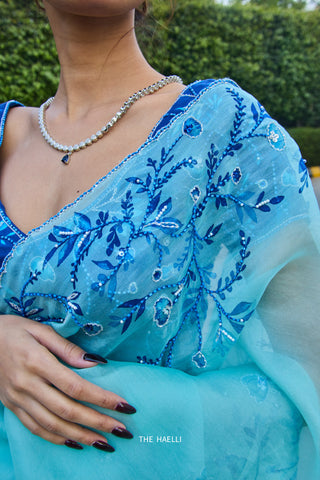 Jaal Cyan Organza Saree