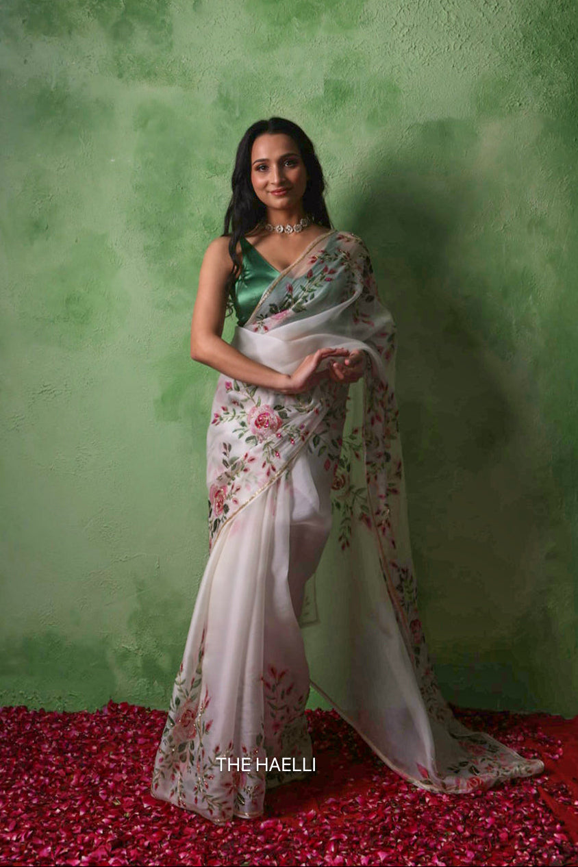 Bela White Organza Silk Saree