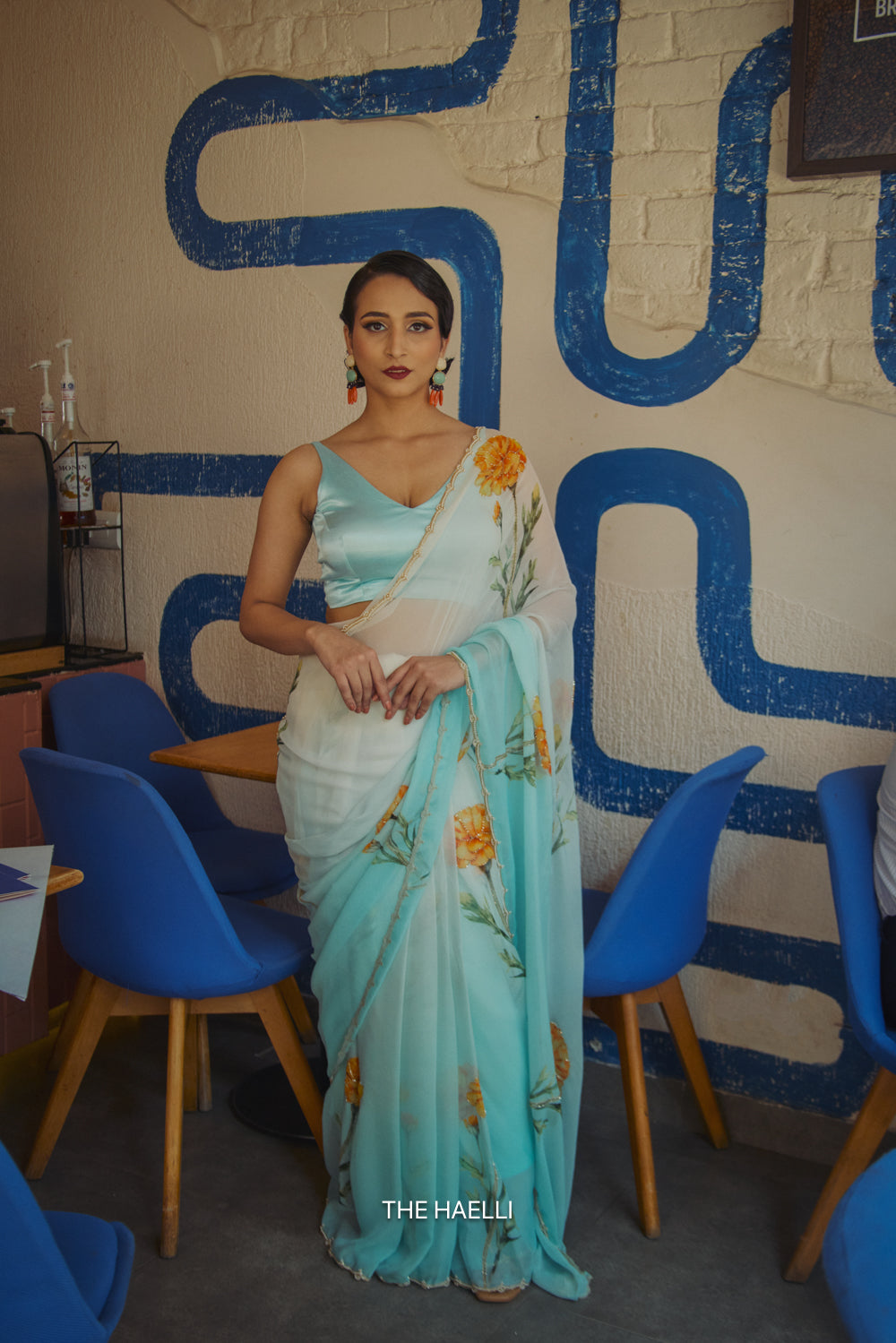 Marigold Blue Chiffon Silk Saree