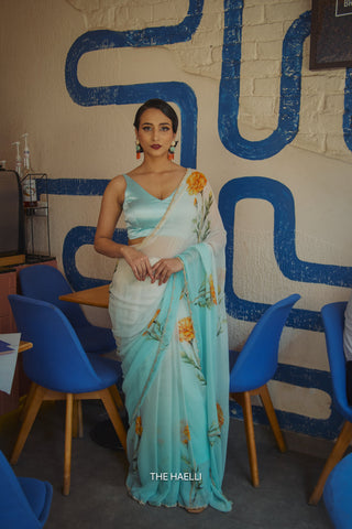 Marigold Blue Chiffon Silk Saree