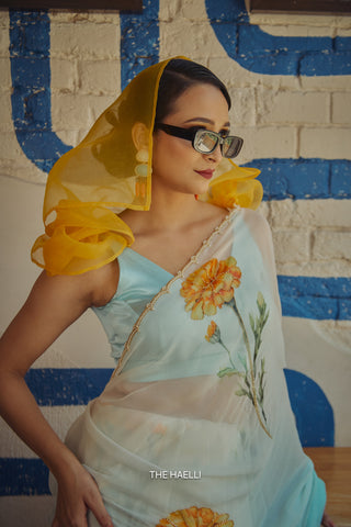 Marigold Blue Chiffon Silk Saree