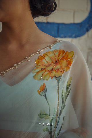 Marigold Blue Chiffon Silk Saree