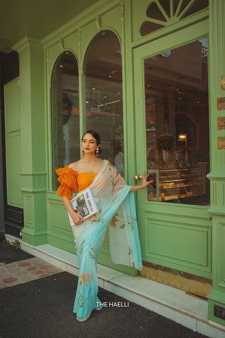 Marigold Blue Chiffon Silk Saree