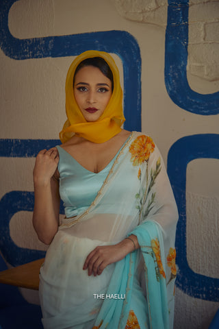 Marigold Blue Chiffon Silk Saree