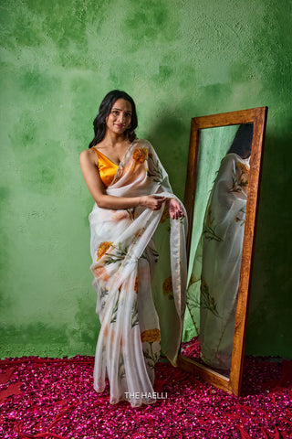 Marigold white Organza silk saree