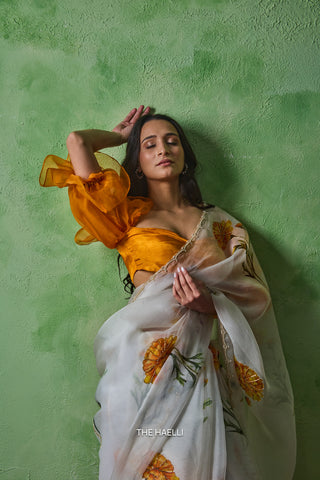 Marigold white Organza silk saree