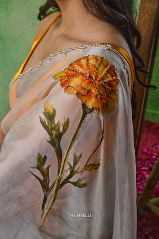 Marigold white Organza silk saree