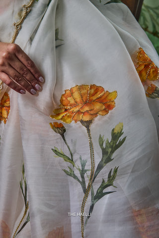Marigold white Organza silk saree