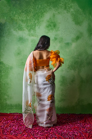 Marigold white Organza silk saree
