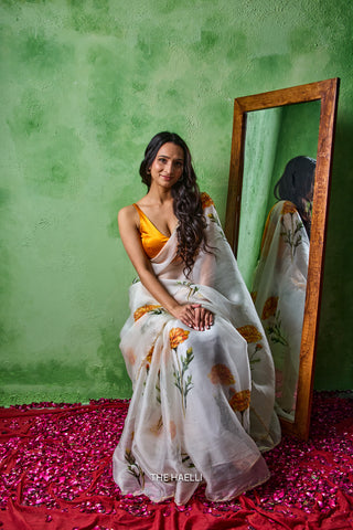 Marigold white Organza silk saree