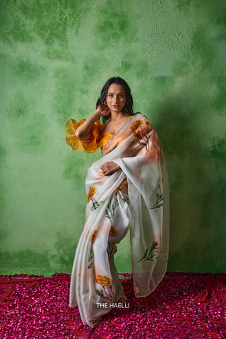 Marigold white Organza silk saree