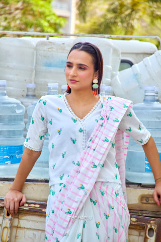 Cactus Kiss Pink Cotton Saree