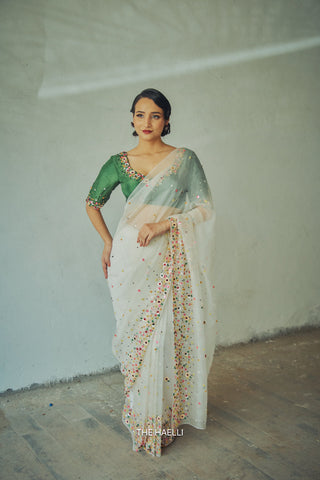 Lily White Single Border Organza Silk Saree