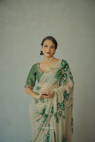 Cham Cham Beige Chiffon Silk Saree