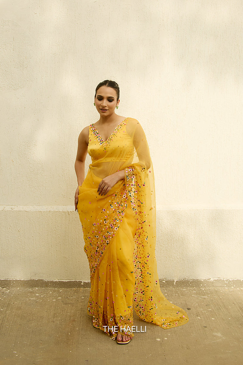 Lily Yellow Single Border Organza Silk Saree