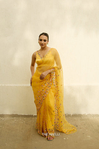 Lily Yellow Single Border Organza Silk Saree