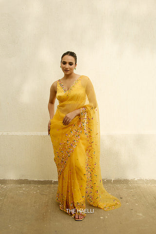 Lily Yellow Single Border Organza Silk Saree