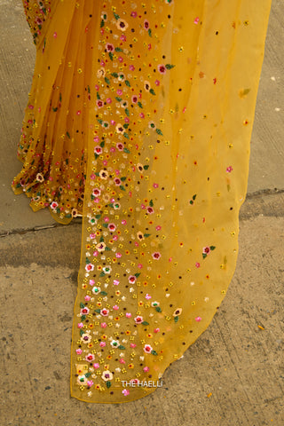 Lily Yellow Single Border Organza Silk Saree