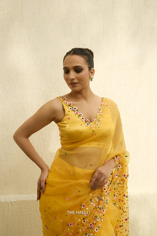 Lily Yellow Single Border Organza Silk Saree