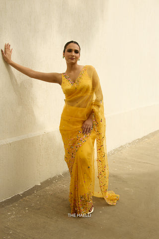 Lily Yellow Single Border Organza Silk Saree