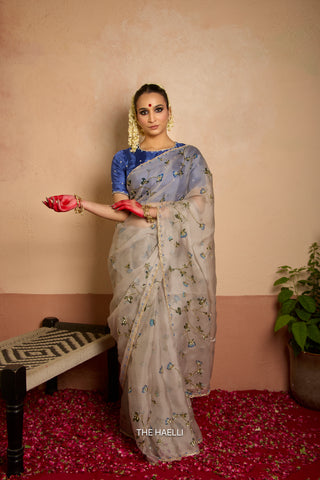 Bluebell Grey Organza Silk Saree