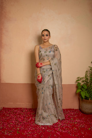 Bluebell Grey Organza Silk Saree
