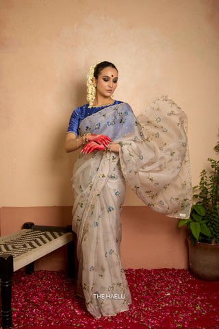 Bluebell Grey Organza Silk Saree