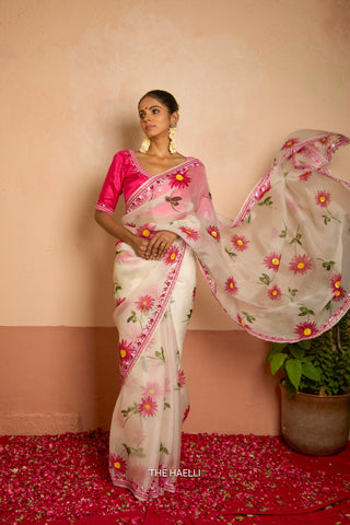 Pataka White Organza Silk Saree