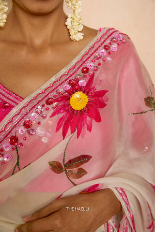Pataka White Organza Silk Saree