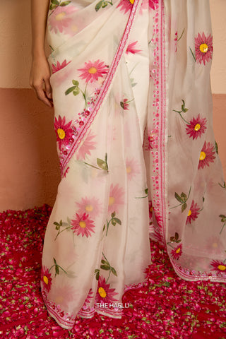 Pataka White Organza Silk Saree