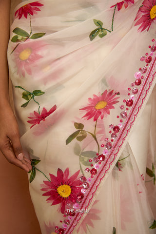 Pataka White Organza Silk Saree