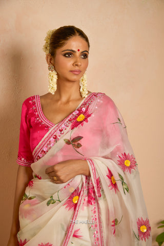 Pataka White Organza Silk Saree