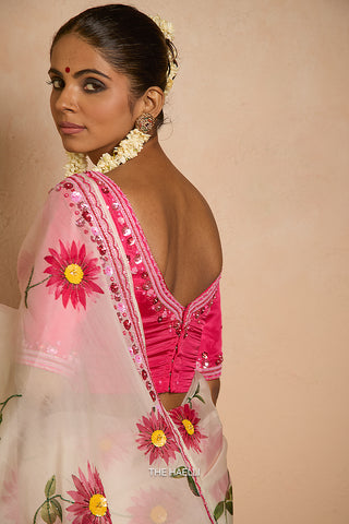 Pataka White Organza Silk Saree