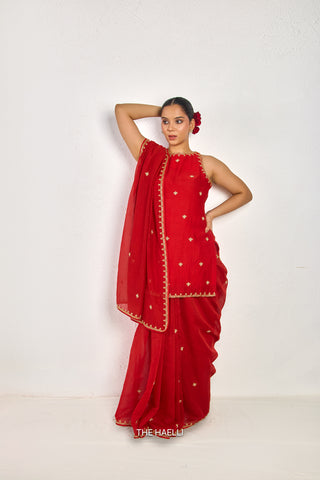 Kavi Red Mul Chanderi Saree
