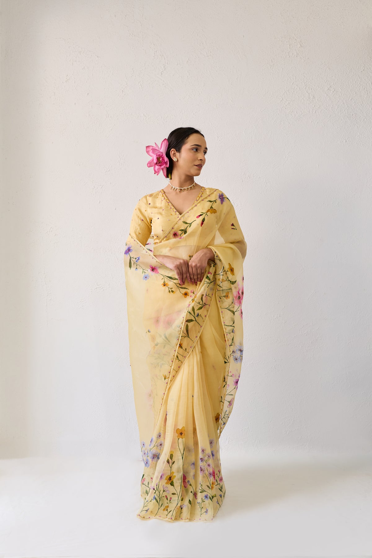 Mogra Yellow Organza Silk Saree