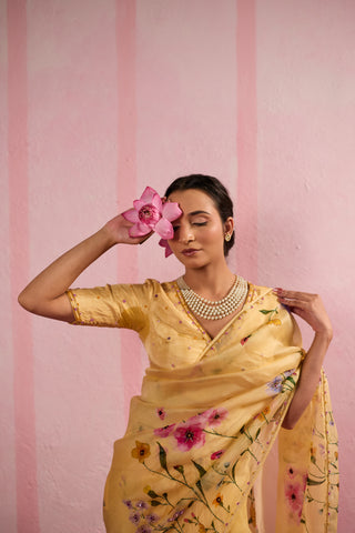 Mogra Yellow Organza Silk Saree