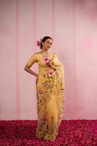 Mogra Yellow Organza Silk Saree