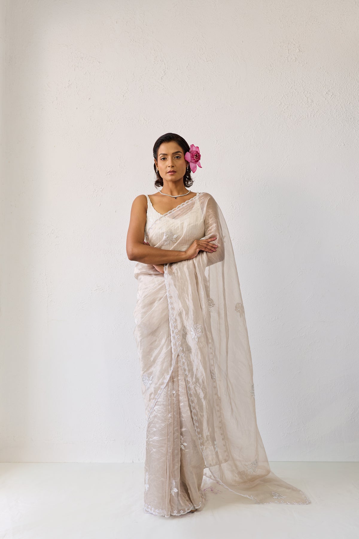 Hoor Silver Chiffon Silk Saree