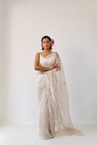 Hoor Silver Chiffon Silk Saree