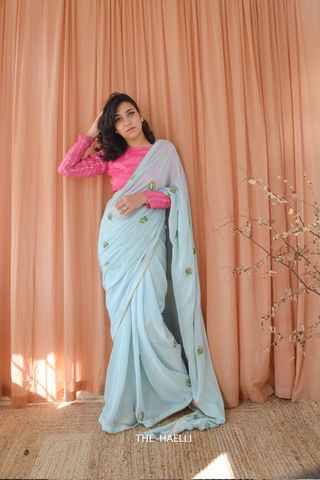 The Cactus Story Blue Georgette Saree