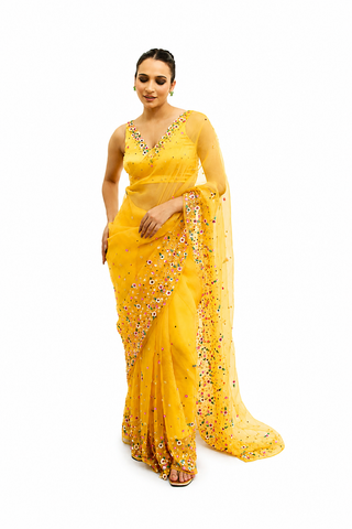 Lily Yellow Single Border Organza Silk Saree