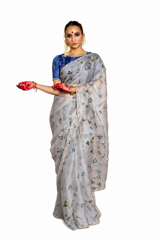 Bluebell Grey Organza Silk Saree